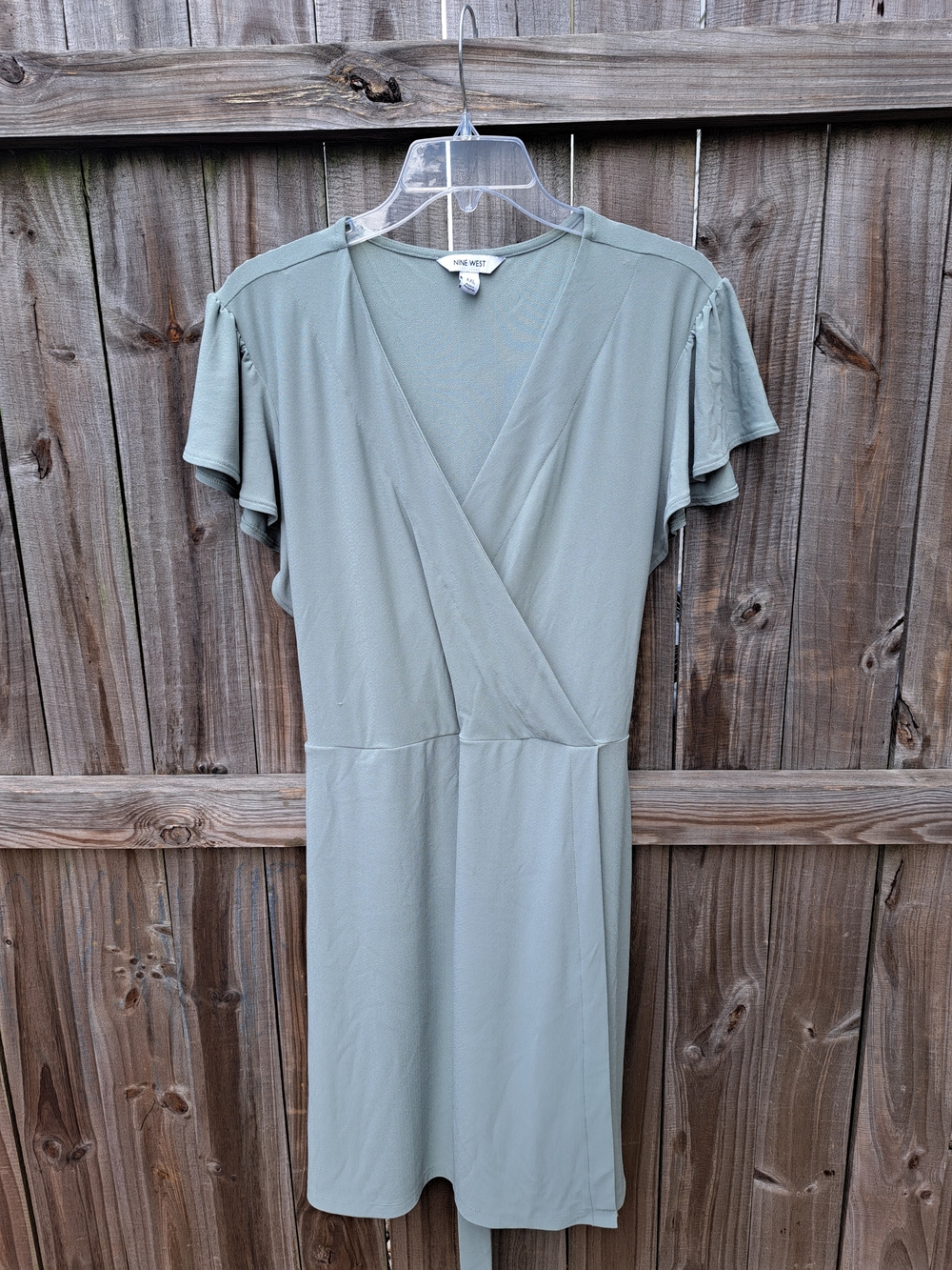 Nine West Light Sage Green Faux-Wrap Midi Dress